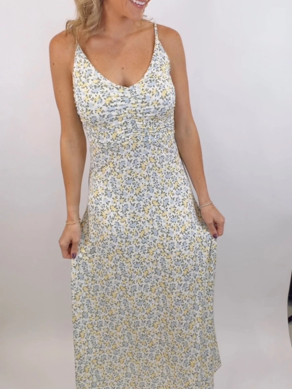 Floral Spaghetti-Strap Maxi Dress in White and Yellow